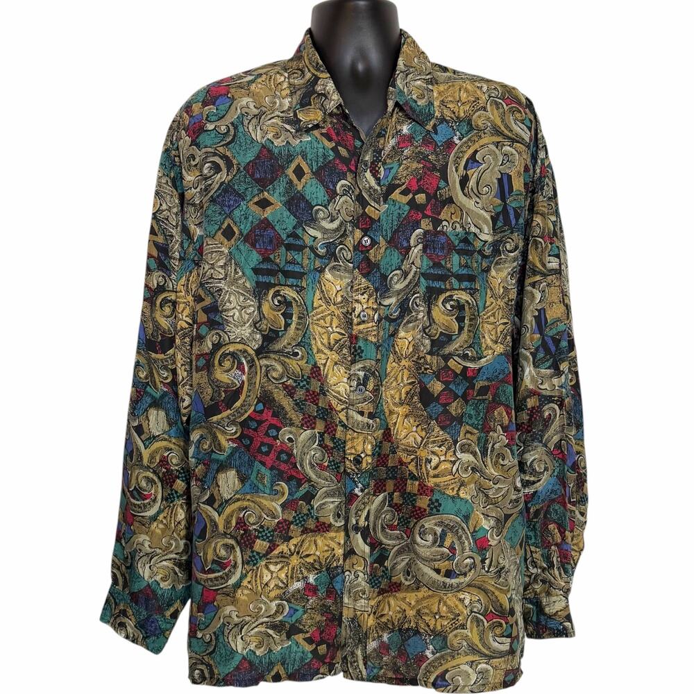 Vintage 90s Florenzi Shirt Mens XL 100% Silk Baroque Abstract Colorful Pattern